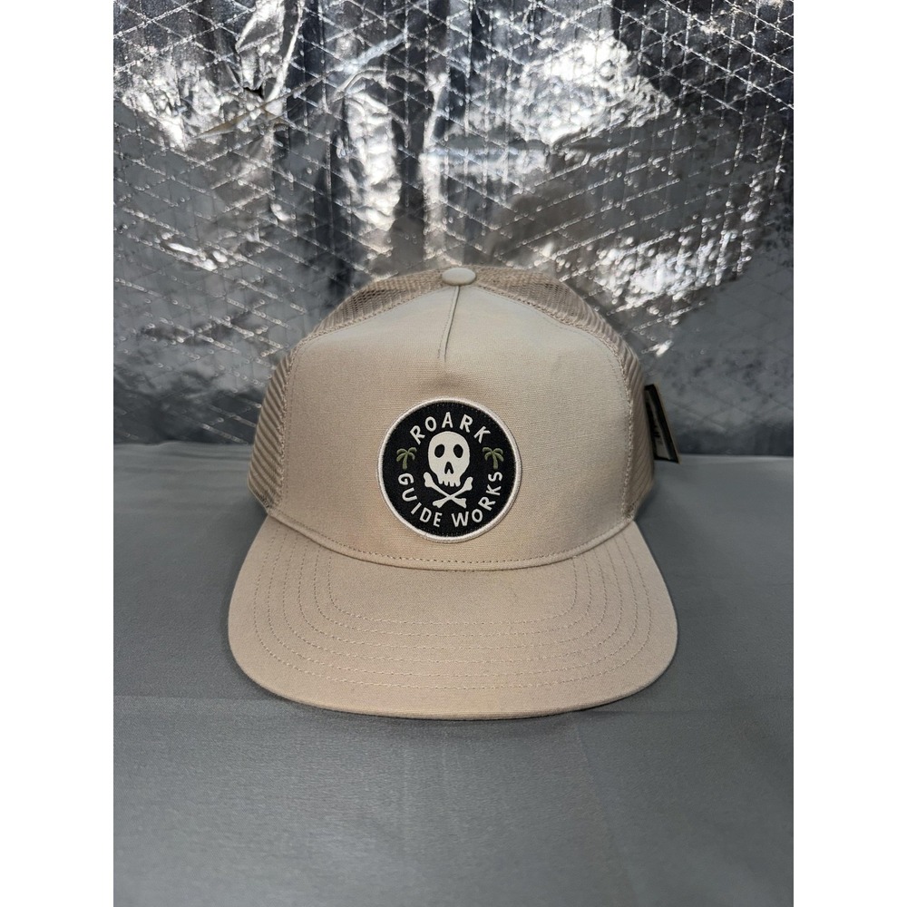 Roark Hat Cap Snap Back Mens One Size Beige Station Trucker Skull Patch Mesh
